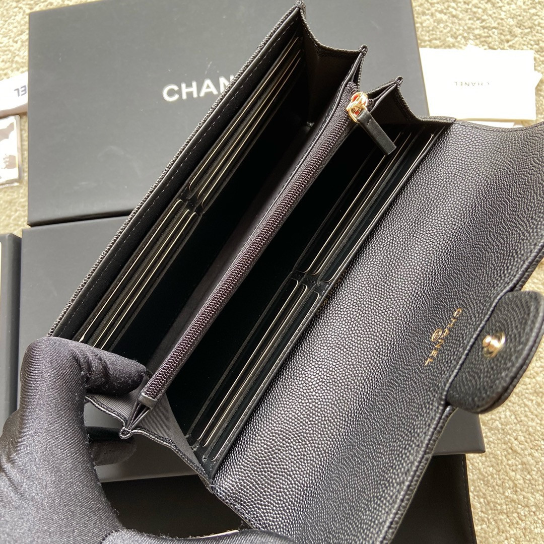 Ch*el flap wallet grained leather black gold 19.5 x10 cm