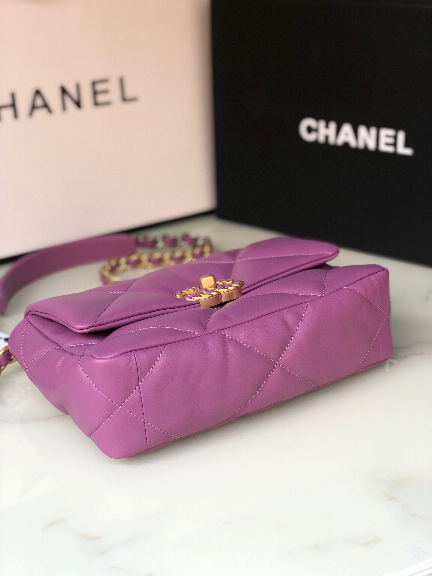 Ch*el 19 handbag shiny leather, gold-tone, silver-tone & ruthenium-finish metal purple 6.2 × 10.1 × 3.5 in