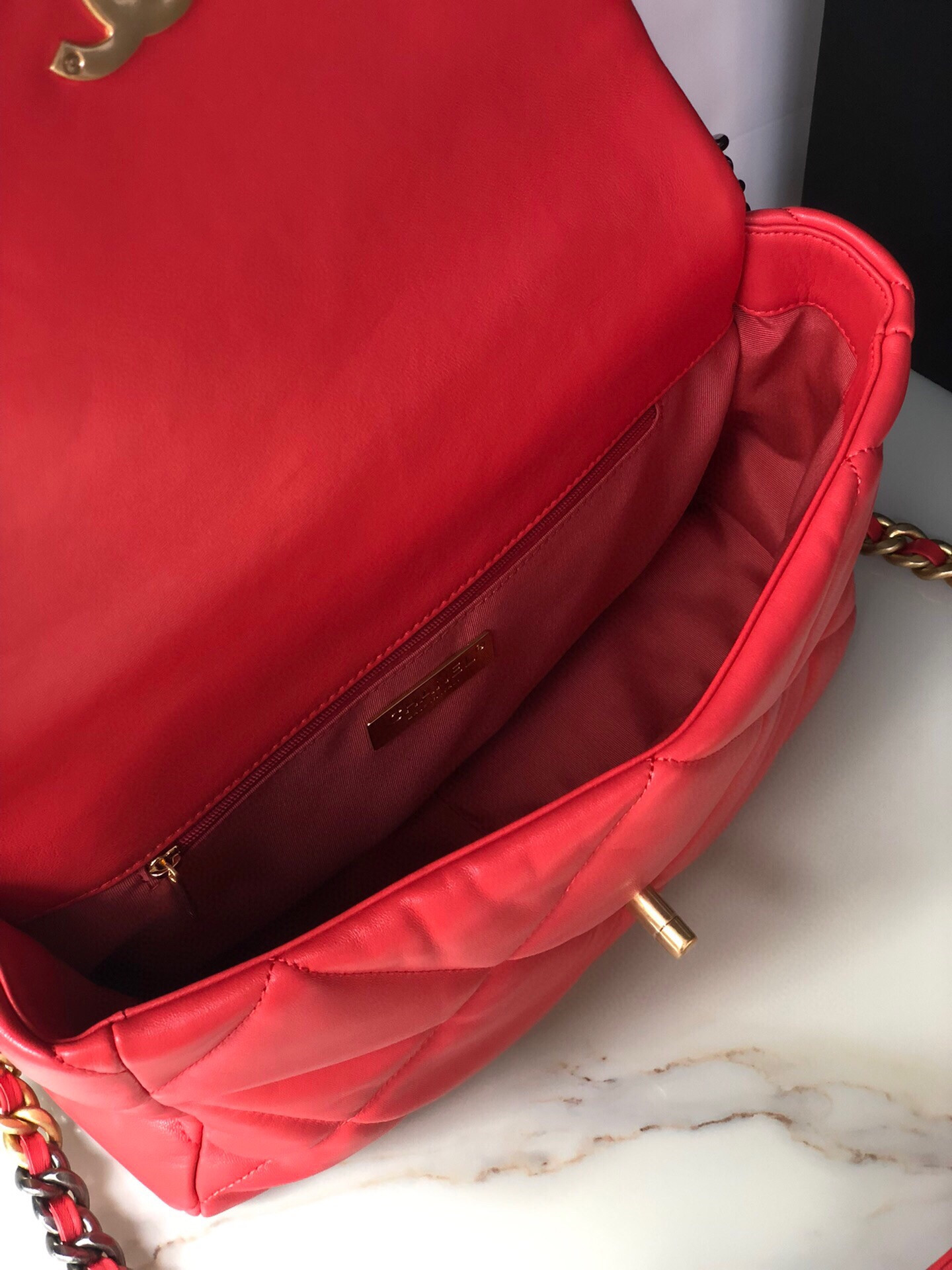 Ch*el 19 large handbag shiny leather red, gold-tone, silver-tone & ruthenium-finish metal 7.8 × 11.7 × 3.9 in