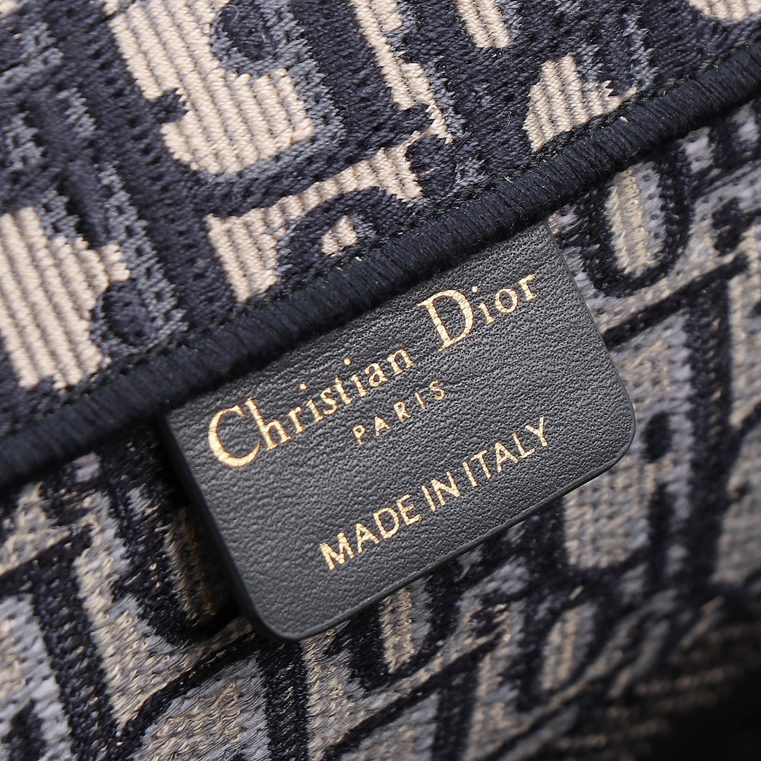 medium D*or book tote ecru and blue D*or oblique embroidery 14 x 11 x 6.5 inches