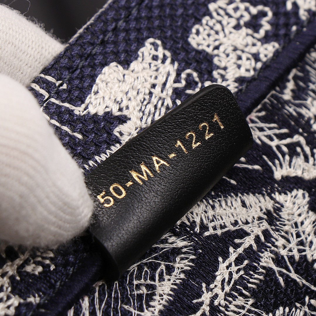 medium D*or book tote  blue and ecru toile de jouy reverse embroidery 14 x 11 x 6.5 inches