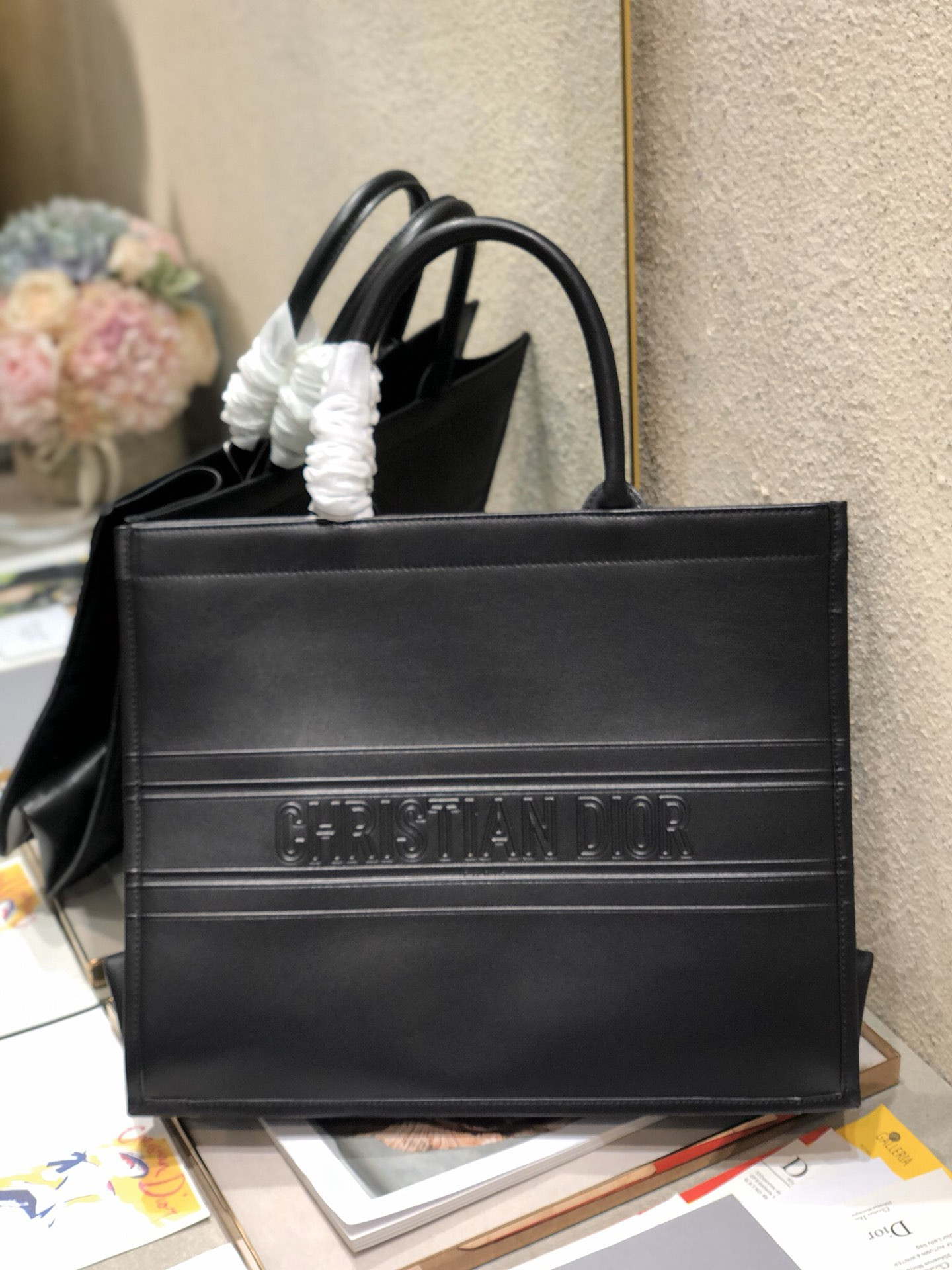 large D*or book tote black D*or oblique embossed calfskin 16.5 x 14 x 7.5 inches