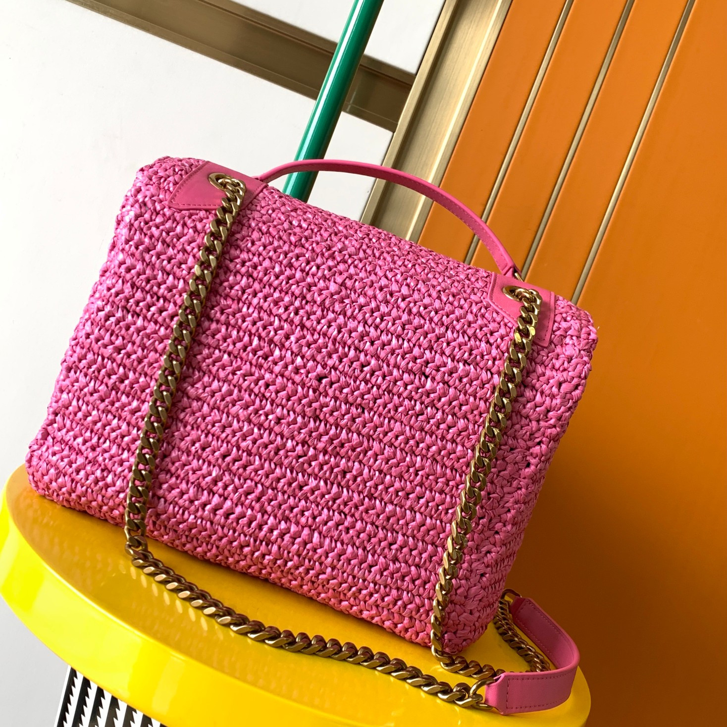 Y*L niki medium chain bag in raffia and leather 11 x 7.8 x 3.3 inches