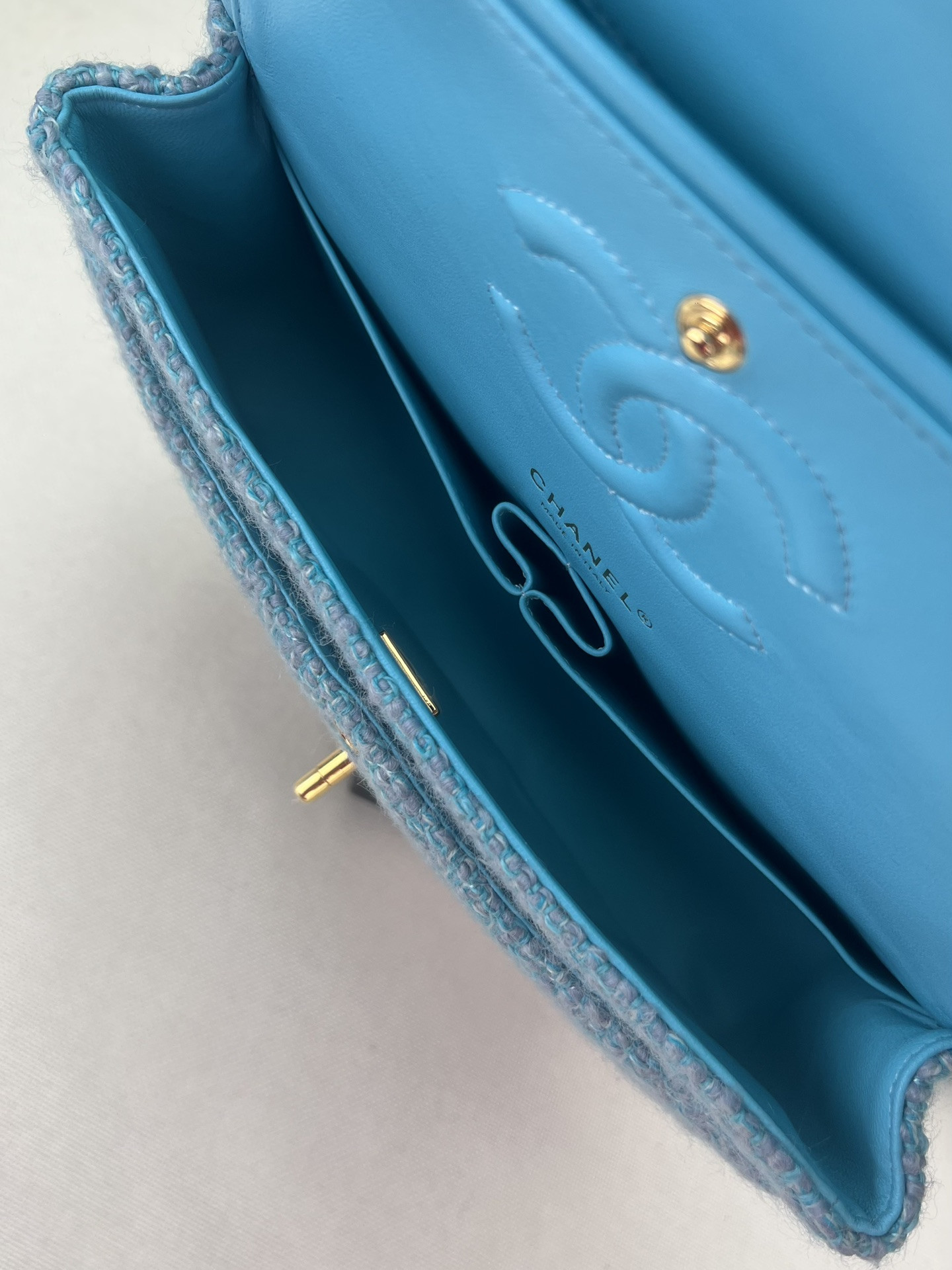 Ch*el classic 11.12 handbag tweed & gold-tone metal 6 × 9.9 × 2.5 in