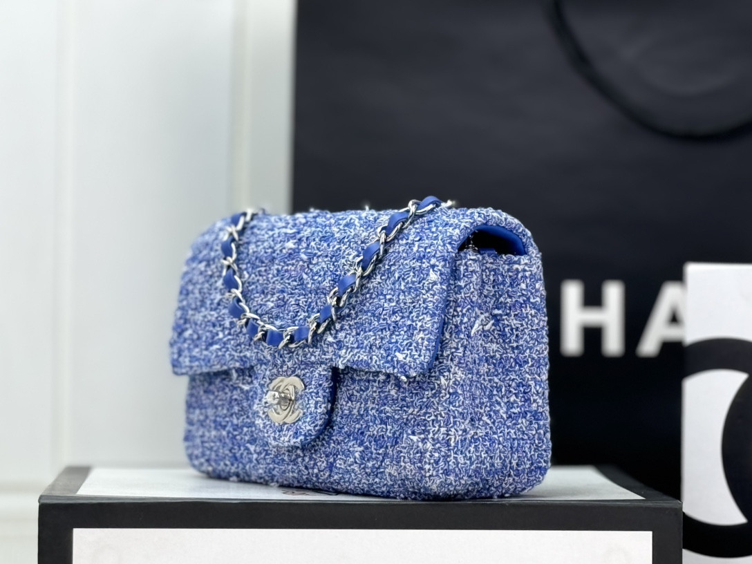 Ch*el mini classic 11.12 handbag tweed & silver-tone metal 4.7 × 7.8 × 2.3 in