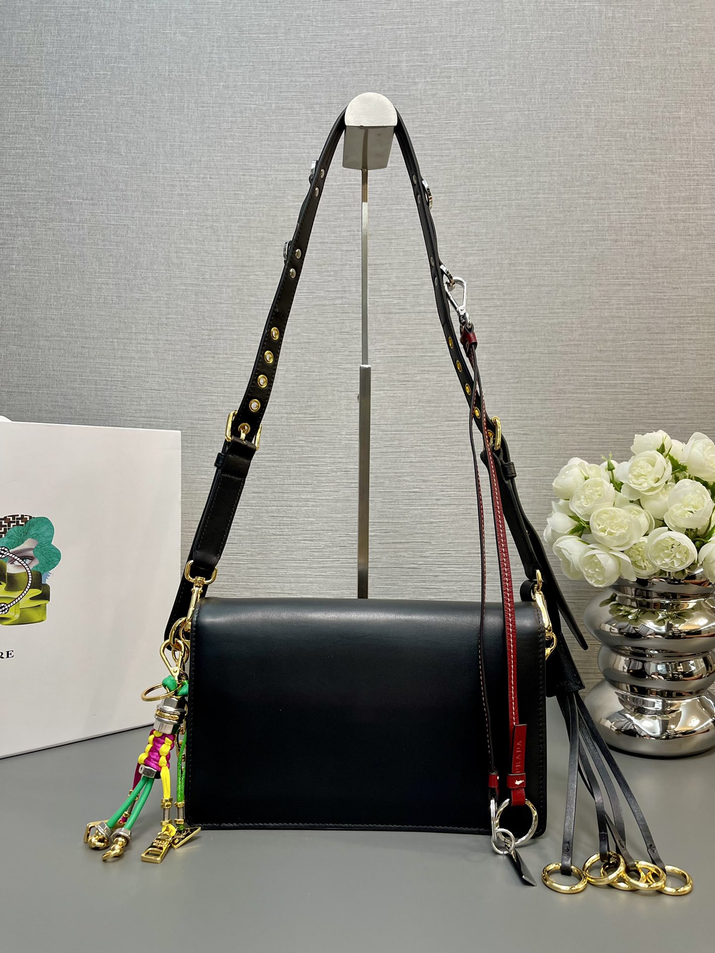 Pra*a soft sound small leather shoulder bag with charm 13.5x24x6cm